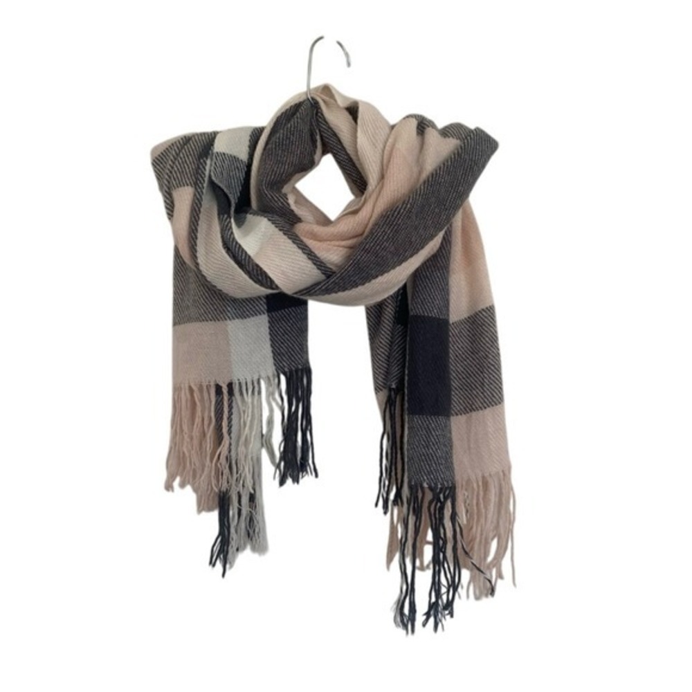 Plaid Fringe Scarf in Black Cream Pink Classy Cozy